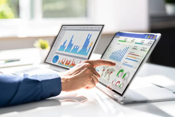 Kpi Business Analytics Data Dashboard Analytiker Med Hjälp Dator — Stockfoto