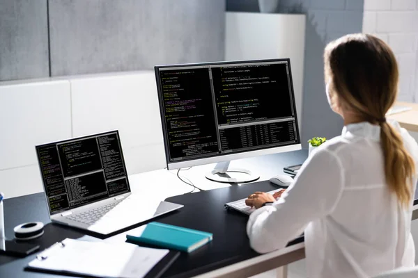 Woman Programmer. Girl Coding Software On Computer