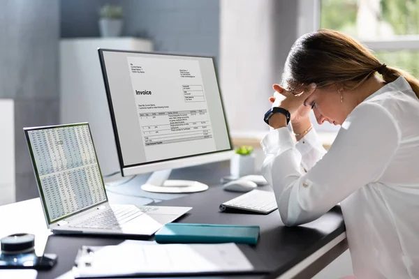 Sad Frustrated Accountant Woman Invoice Workload — Stock Photo, Image