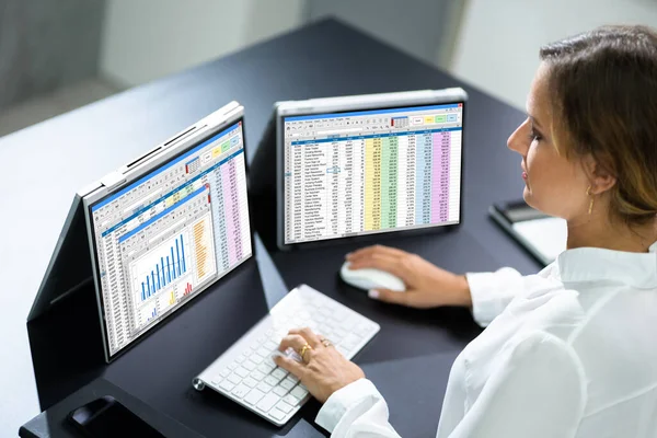 Finanční Tabulka Analytik Žena Pomocí Softwaru Notebooku — Stock fotografie