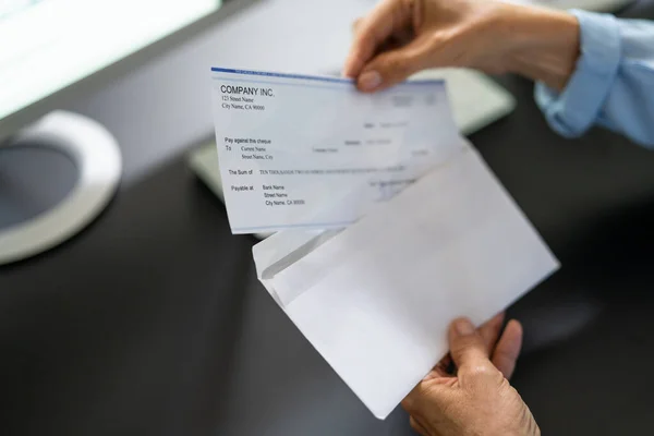 Payroll Cheque Envelope Woman Hand Holding Paycheck — Stock Photo, Image