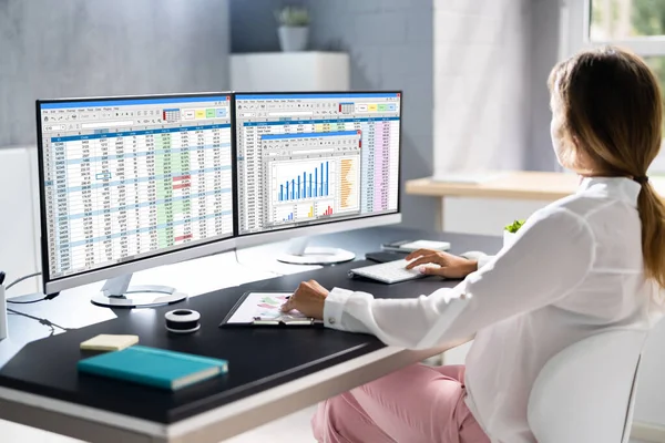 Data Analyst Woman Using Spreadsheet Computer — Foto de Stock