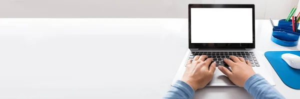 Pov Female Hands Using Laptop Office — стоковое фото