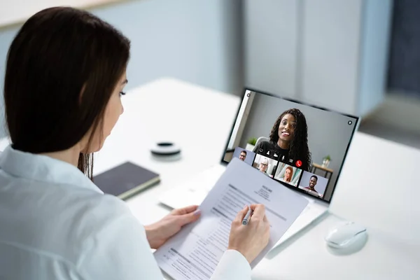 Entrevista Trabalho Virtual Webcast Usando Videoconferência Online — Fotografia de Stock