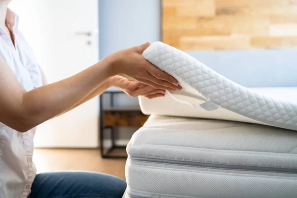 Mattress Topper Being Laid Top Bed — Stock Photo, Image