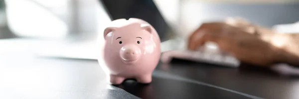 Εξοικονομήστε Χρήματα Απευθείας Σύνδεση Χρησιμοποιώντας Τράπεζα Piggy Και Φορητό Υπολογιστή — Φωτογραφία Αρχείου