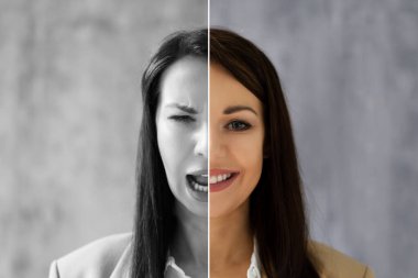 Kadın Yüz İfadesi. Çeşitli Karışık Komik Duygular