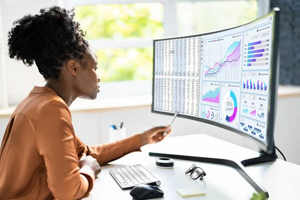 Αναλυτής Γυναίκα Κοιτάζοντας Business Data Analytics Ταμπλό — Φωτογραφία Αρχείου