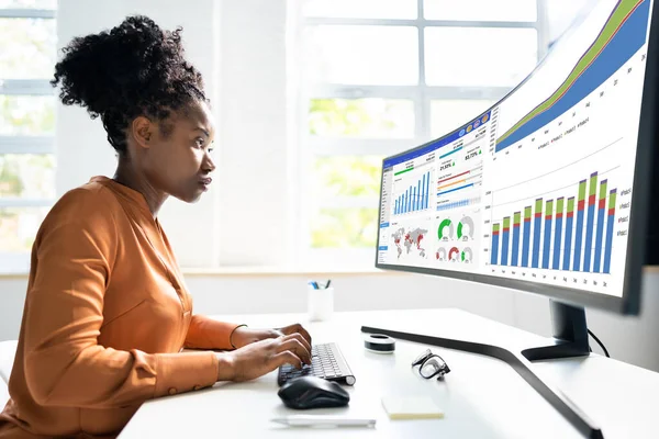 Financial Business Analytics Data Dashboard Kobieta Analityk — Zdjęcie stockowe