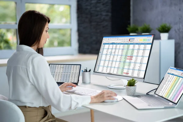 Data Analyst Woman Using Spreadsheet Computer — Photo