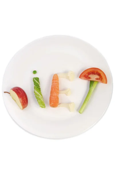 Dieta palavra feita de legumes e frutas isoladas em branco — Fotografia de Stock