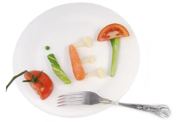 Slovo dieta ze zeleniny a ovoce, izolované na bílém — Stock fotografie