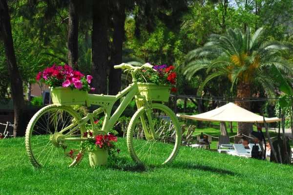 Gartendekoration Mit Fahrrad Mit Blumen Bemalt — Stockfoto