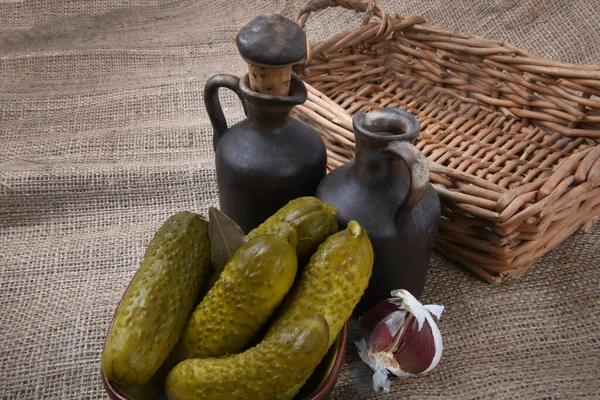 Close Pickled Cucumber Cherking Rural Hessian — Fotografia de Stock