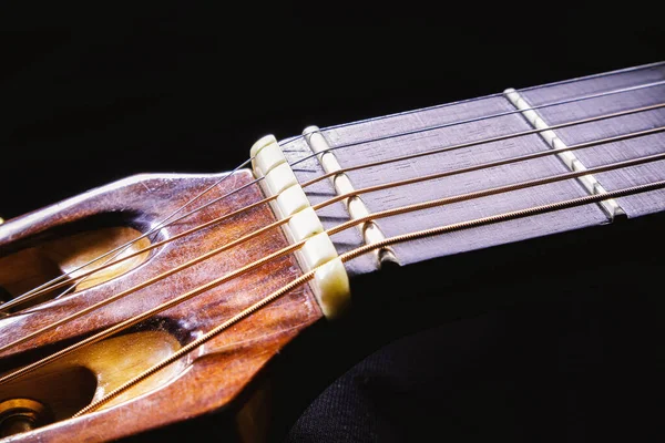 Details Zero Fret Acoustic Guitar Closeup View — Stock Photo, Image