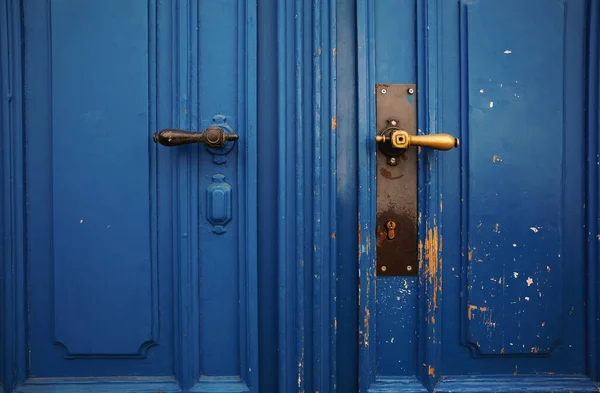 Closeup View Entrance Building Old Wooden Blue Door Details — Stock fotografie