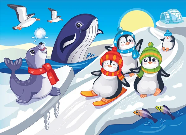 Сказочная Иллюстрация Головоломок Волшебный Фон Забавными Животными Детский Отпечаток Пингвины — стоковый вектор