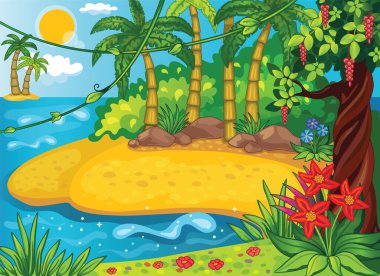 Fairytale background for children's wallpaper. Cartoon illustration for print, sticker or puzzles. Fabulous landscape. African jungle or Hawaii. Island in ocean with palm tree, flower meadow. Tropics. Vector.