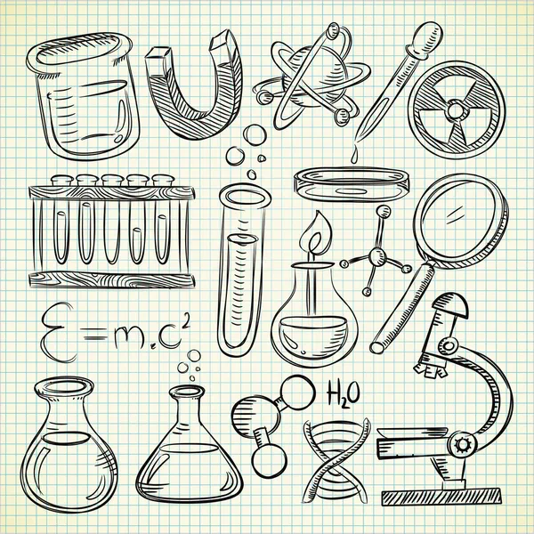 Set di roba scientifica in stile doodle — Vettoriale Stock