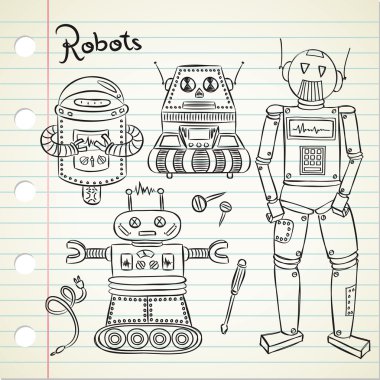 doodle tarzında vintage robot seti