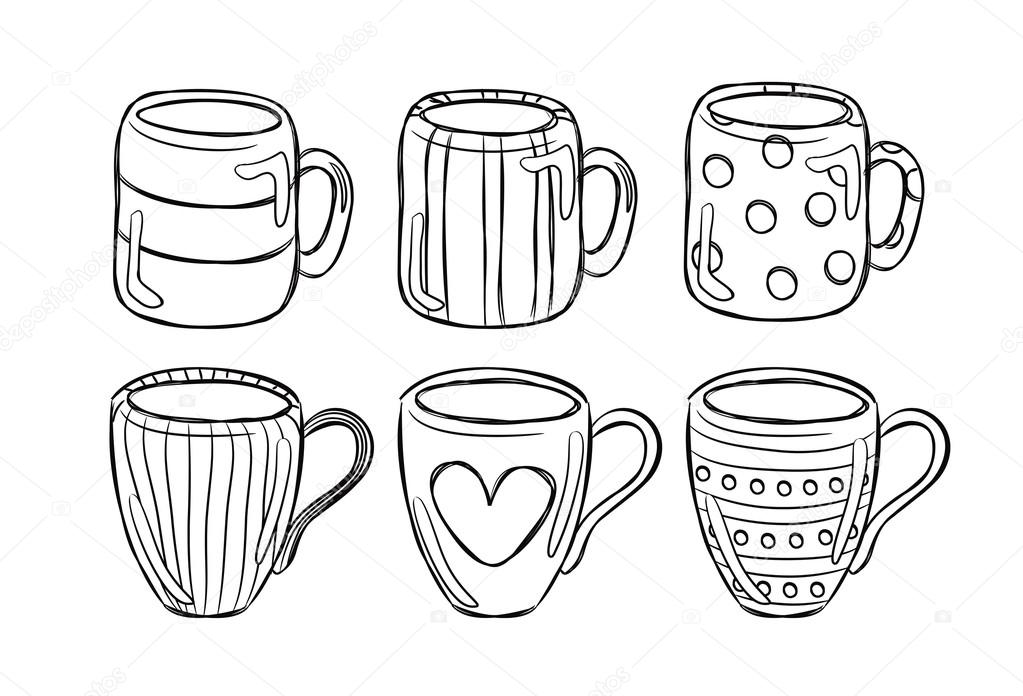 Set of cute mug in doodle style
