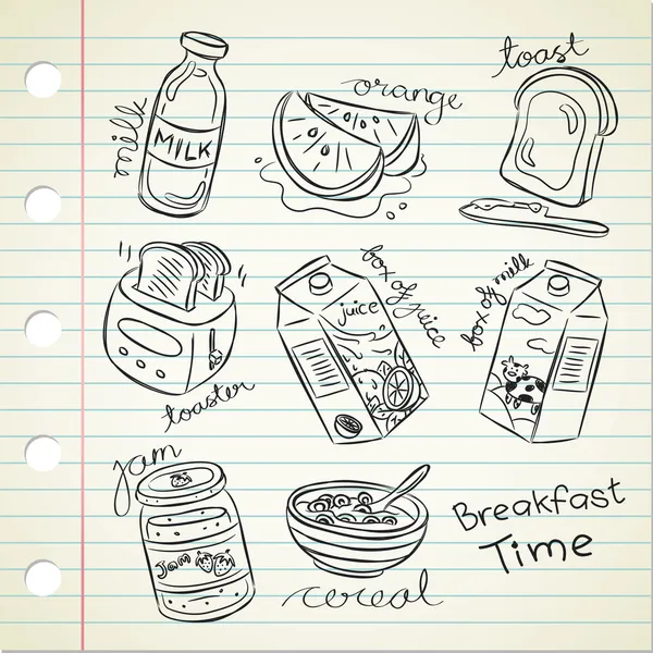 Comida de desayuno en estilo doodle — Vector de stock