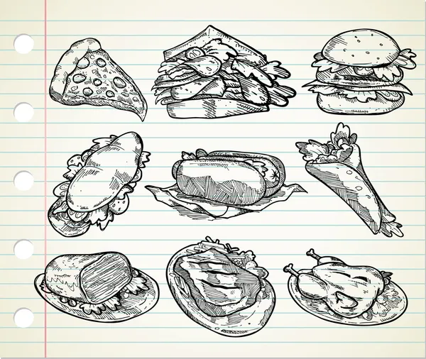 Conjunto de icono de comida chatarra dibujado a mano — Vector de stock