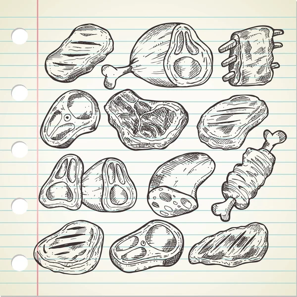 Ensemble de viande dans le style doodle — Image vectorielle