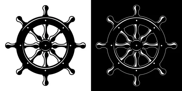 Schip stuurwiel geïsoleerd op witte en zwarte achtergrond — Stockvector