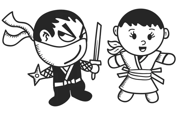 Caricatura ninja masculina y femenina — Vector de stock
