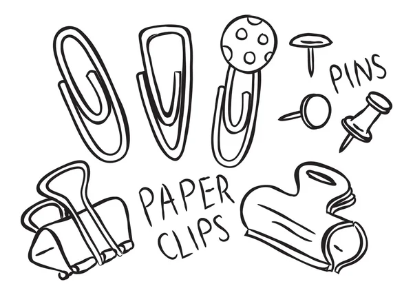 Conjunto de pinos e clipes de papel doodle — Vetor de Stock