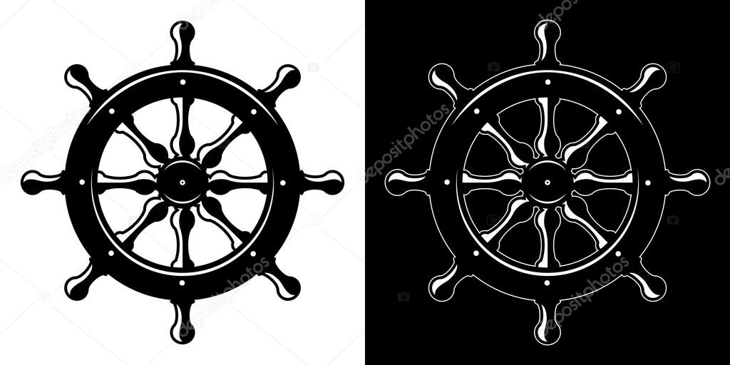 Ship steering wheel isolated on white and black background