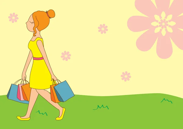 Shopping-tjej med blommig bakgrund — Stock vektor