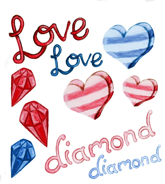 Kärlek och diamant form vatten färg — Stockfoto