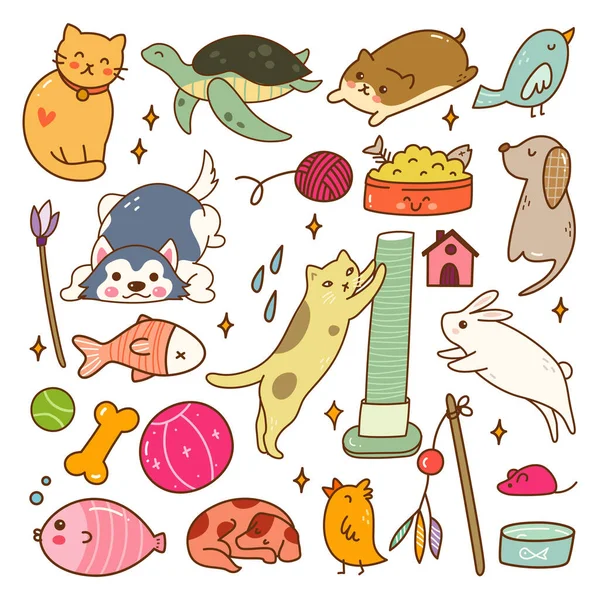 Set Van Huisdieren Kawaii Doodle Set Vector Illustratie — Stockvector