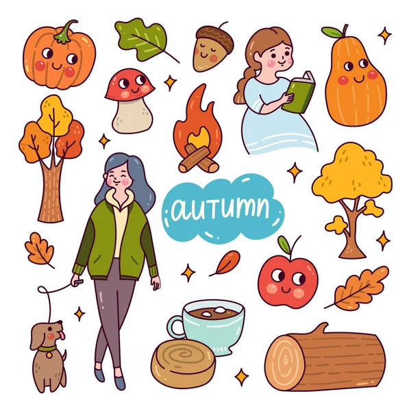 Set Doodle Otoño Aislado Blanco — Vector de stock