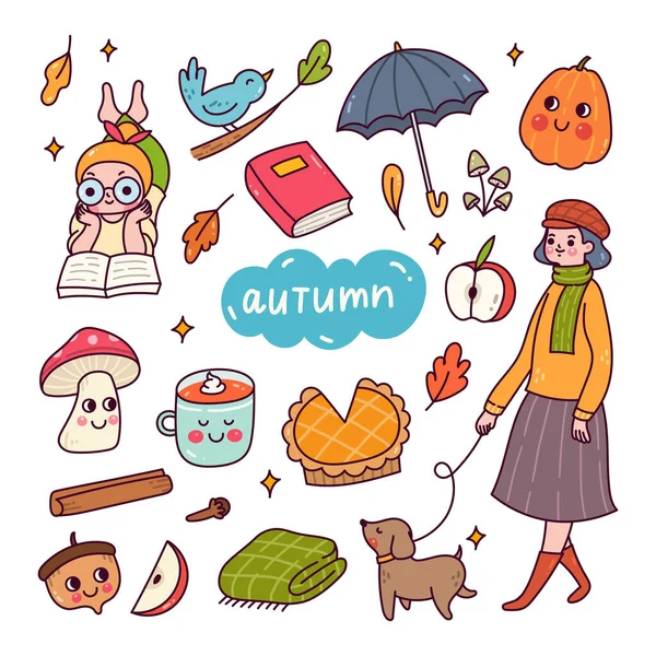 Set Autumn Doodle Isolated White — Stock Vector