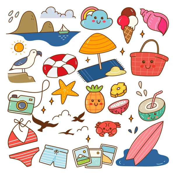 Obiekt Powiązany Plażą Kawaii Doodle Wektor Ilustracji — Wektor stockowy