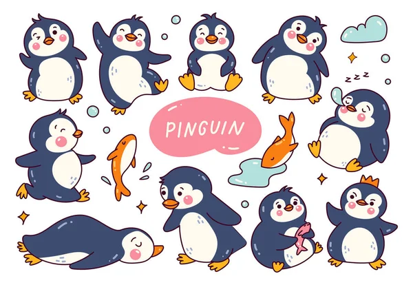 Netter Pinguin Mit Pinguinen Und Vögeln — Stockvektor