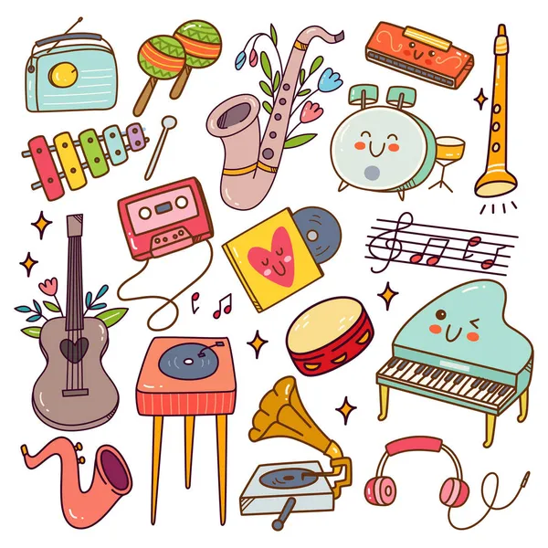 Conjunto Instrumentos Musicais Notas Musicais Ilustração Vetorial — Vetor de Stock