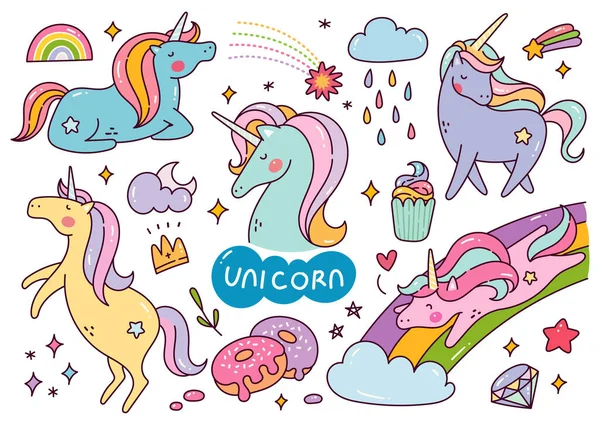 Unicorn Lucu Dengan Pelangi Dan Bintang Bintang Vektor Ilustrasi - Stok Vektor