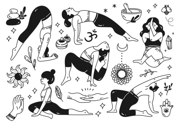 一组做瑜伽练习的女性的轮廓 — 图库矢量图片
