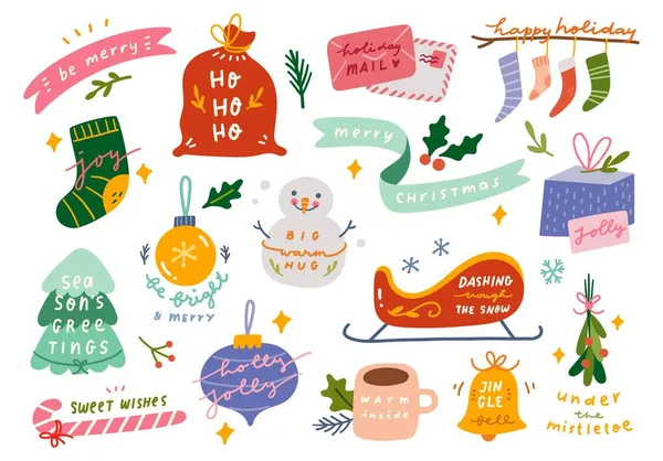 Kerstmis Nieuwjaarsset Vectorillustratie — Stockvector