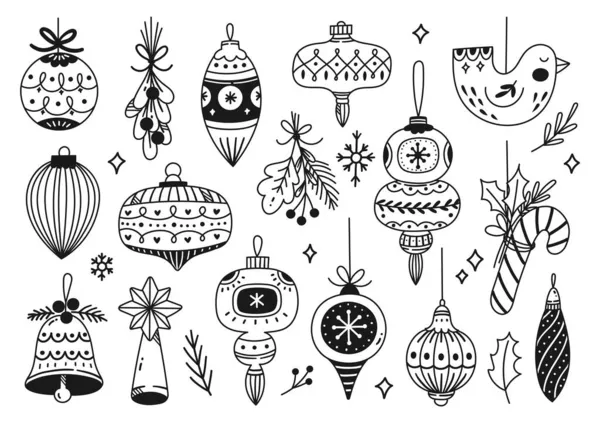 Navidad Decoraciones Año Nuevo Boceto Garabato Dibujado Mano Ilustración Vectorial — Vector de stock