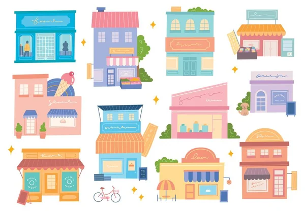 Straat Markt Gebouw Cartoon Stad Platte Stijl Vector Illustratie — Stockvector