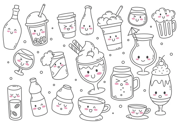 Uppsättning Kawaii Drycker Doodle Line Art — Stock vektor