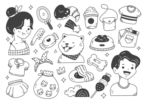 Vectorset Iconen Met Grappige Doodle Elementen Set Van Handgetekende Kawaii — Stockvector