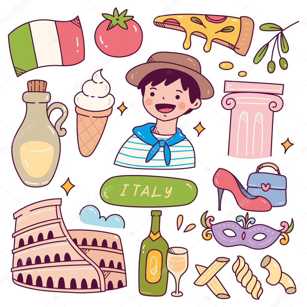 Italy Travel Destination Doodle Set Vector Illustration