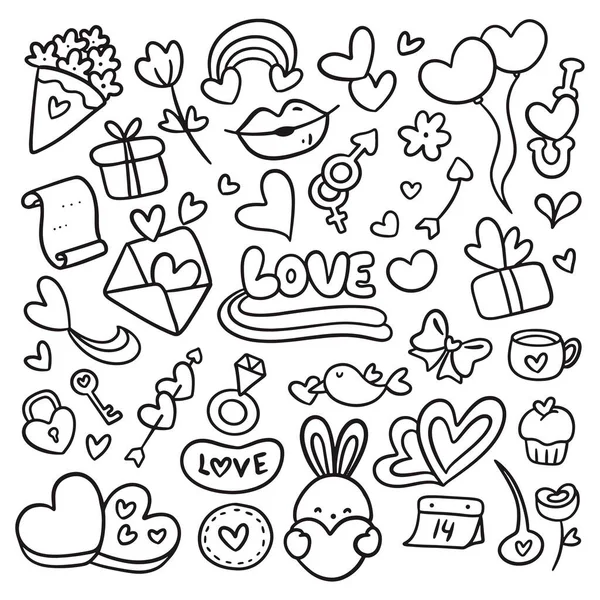 Set Hand Drawn Doodle Elements Valentine Symbols Vector Illustration — Stock Vector