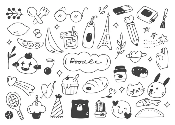 Vector Illustration Background Cute Doodle Elements Sweets Pets Eiffel Tower — Stock vektor